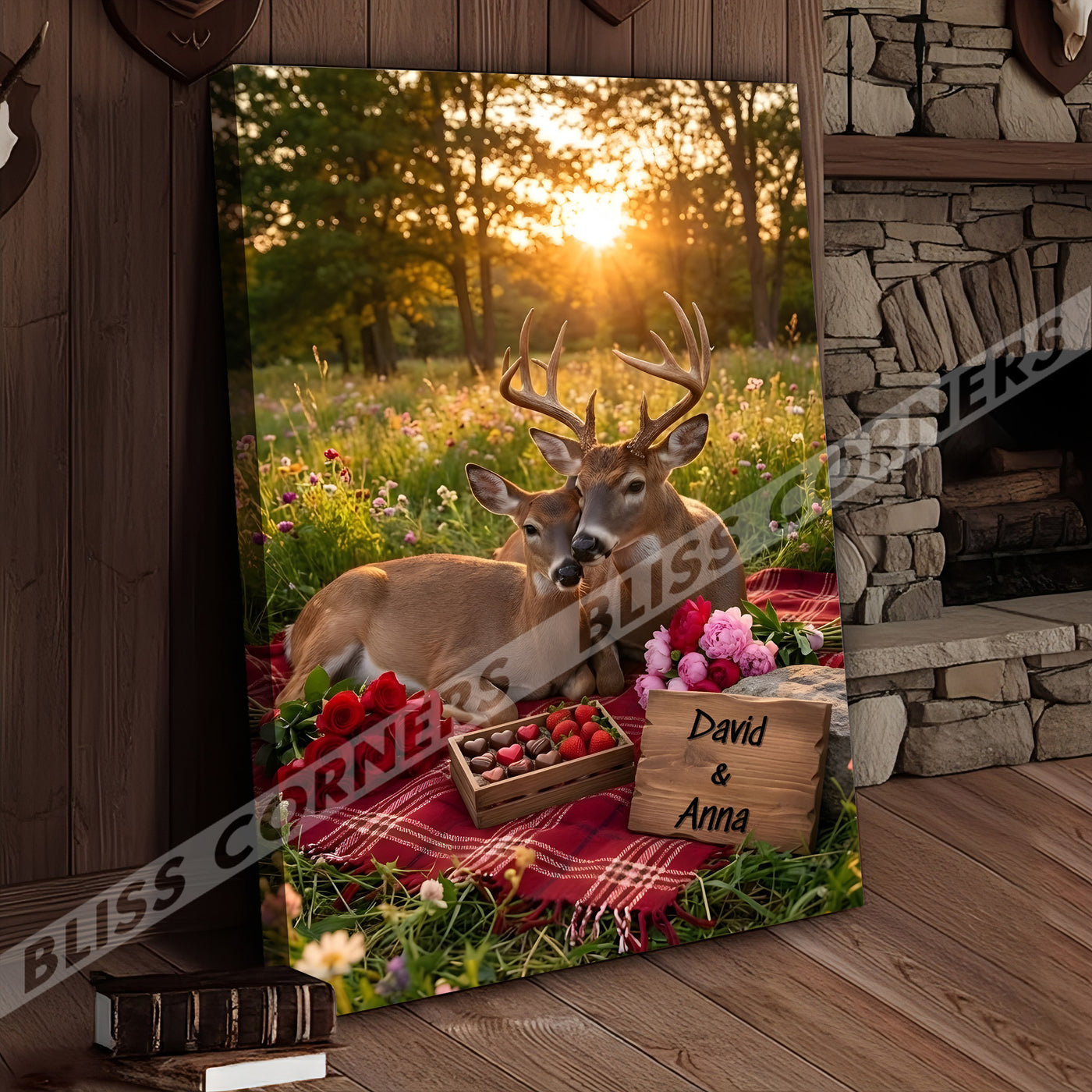 Blisscorners Loving Deer Couple Meadow Sunset Personalized Name Canvas
