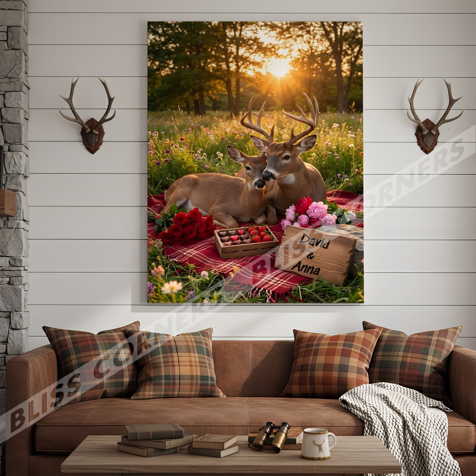 Blisscorners Loving Deer Couple Meadow Sunset Personalized Name Canvas