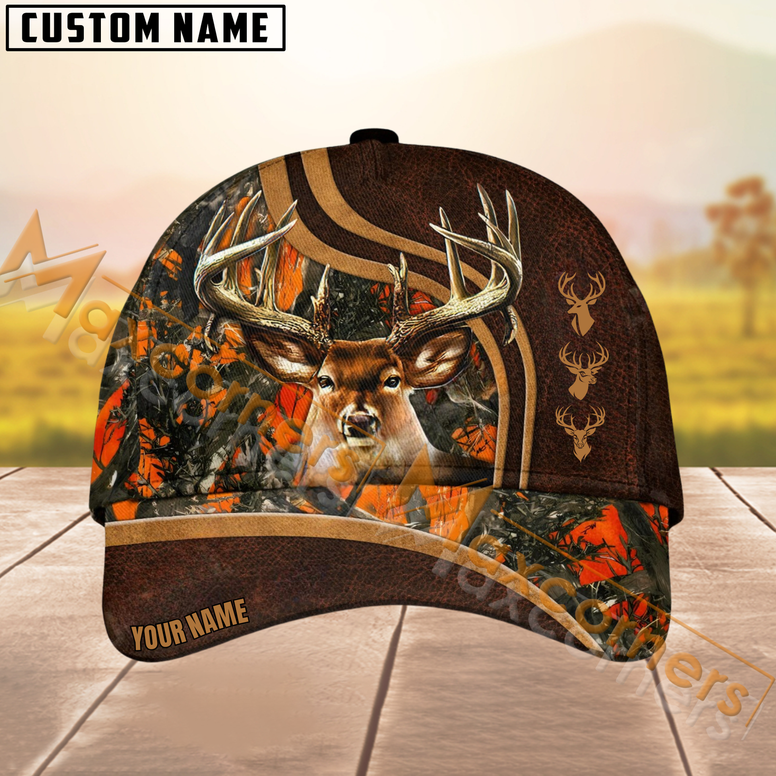 Blisscorners Deer Hunting Leather Pattern Multicolor Personalized Name 3D Cap