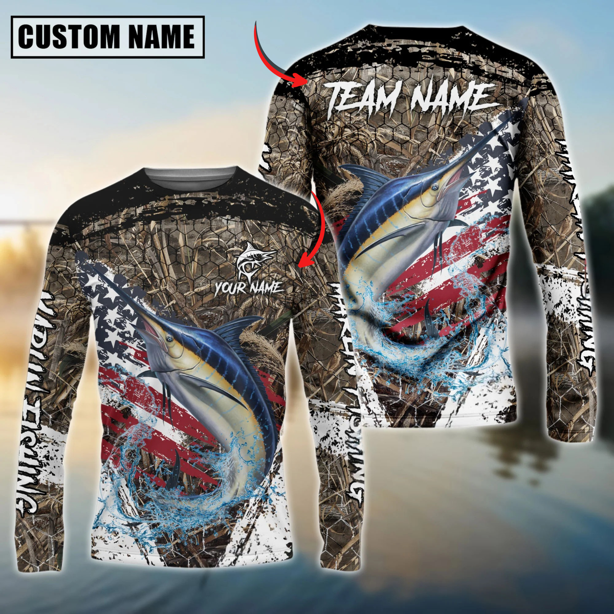 Blisscorners Marlin Fishing American Flag Scratch Grass Camo Custom Name & Team Name 3D Shirts