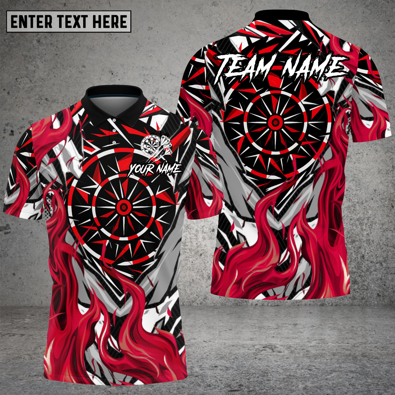 Blisscorners Darts Shirt Abstract Red Flames with Geometric Dartboard Pattern Multioptions Personalized Name, Team Name Unisex 3D Shirt (4 Colors)