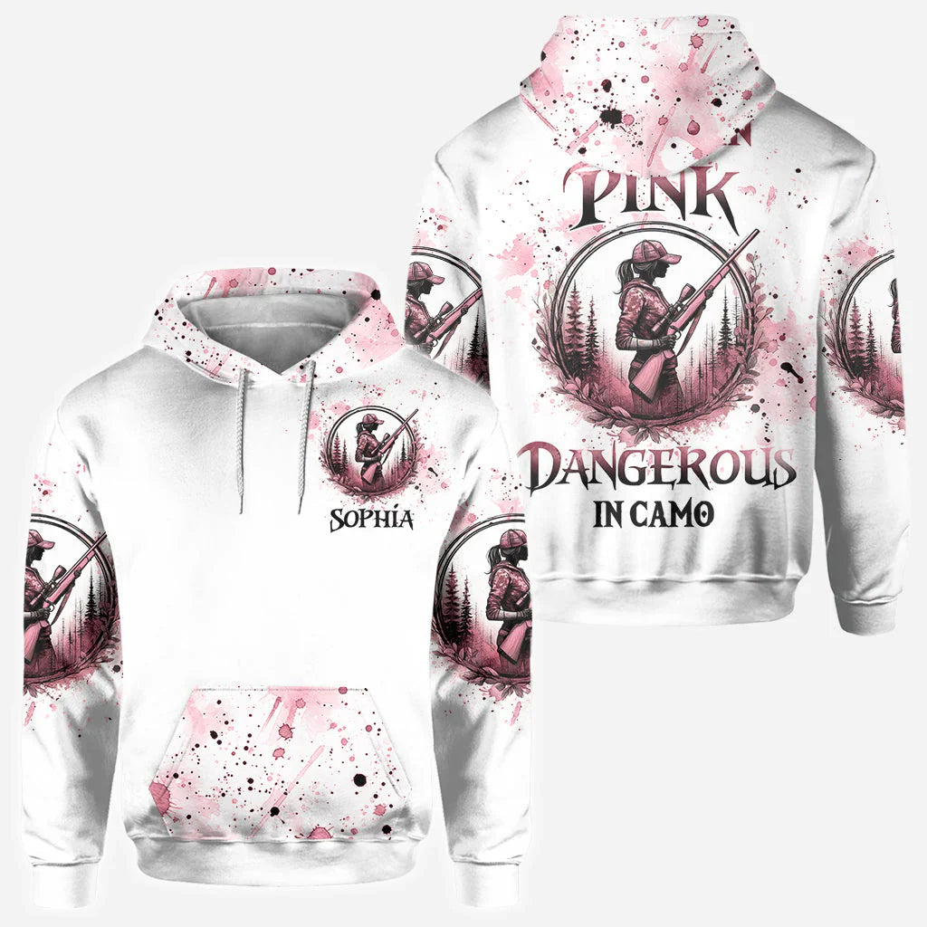 Blisscorners Pretty in Pink, Personalized Hunting All Over Shirt, Personalized 3D Hoodie For Hunting Lover