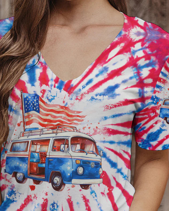 JUST A GIRL WHO LOVES CAMPING AND AMERICA TIE DYE ALL OVER PRINT