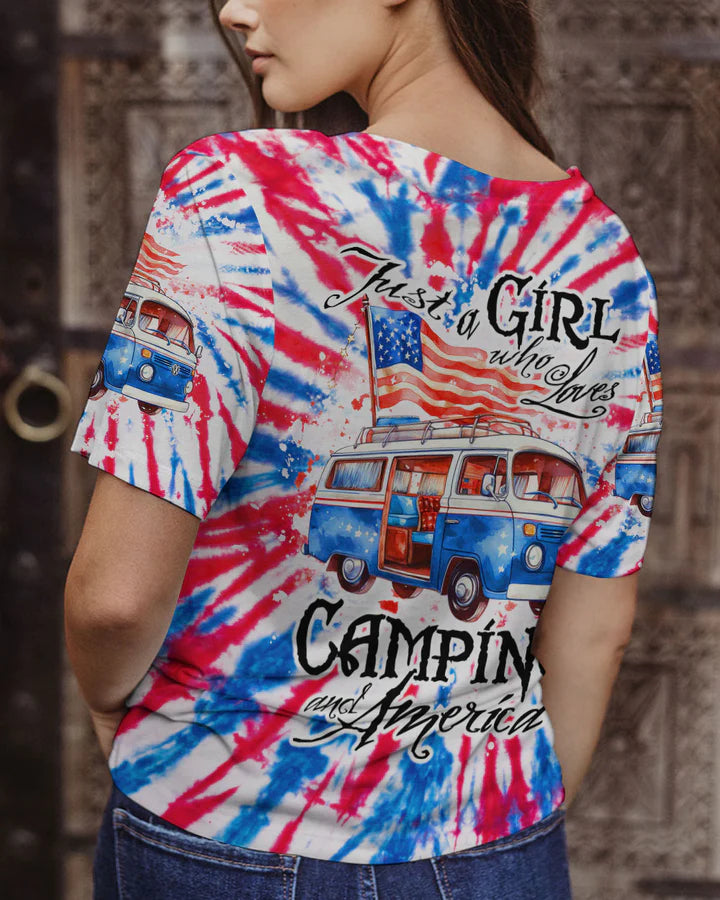 JUST A GIRL WHO LOVES CAMPING AND AMERICA TIE DYE ALL OVER PRINT