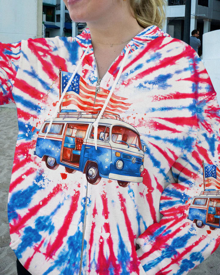 JUST A GIRL WHO LOVES CAMPING AND AMERICA TIE DYE ALL OVER PRINT