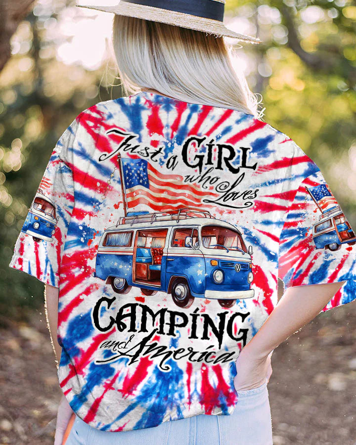 JUST A GIRL WHO LOVES CAMPING AND AMERICA TIE DYE ALL OVER PRINT