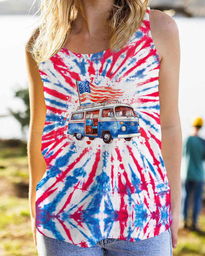JUST A GIRL WHO LOVES CAMPING AND AMERICA TIE DYE ALL OVER PRINT