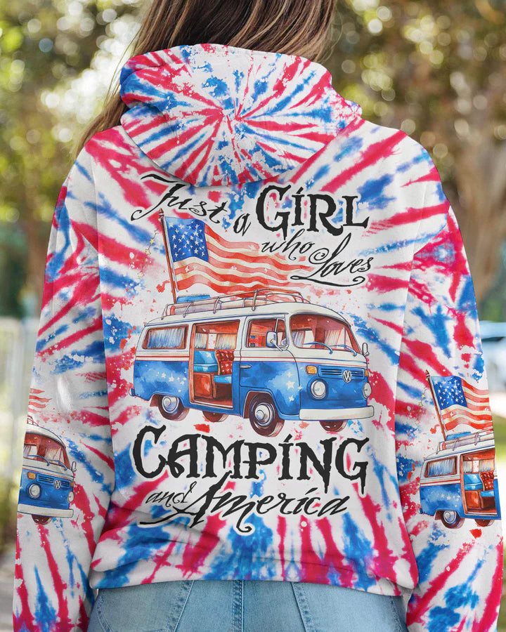 JUST A GIRL WHO LOVES CAMPING AND AMERICA TIE DYE ALL OVER PRINT