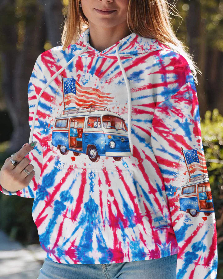 JUST A GIRL WHO LOVES CAMPING AND AMERICA TIE DYE ALL OVER PRINT