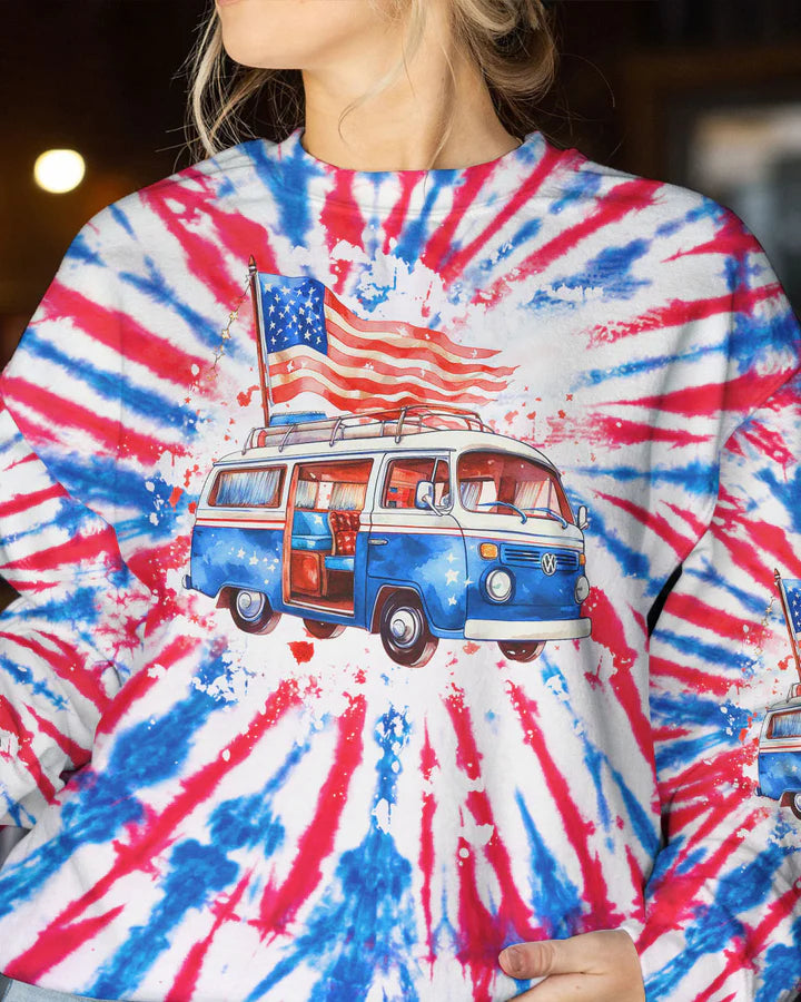 JUST A GIRL WHO LOVES CAMPING AND AMERICA TIE DYE ALL OVER PRINT