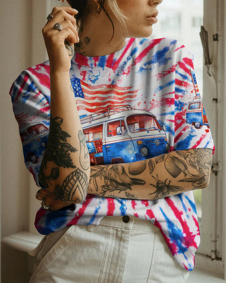 JUST A GIRL WHO LOVES CAMPING AND AMERICA TIE DYE ALL OVER PRINT