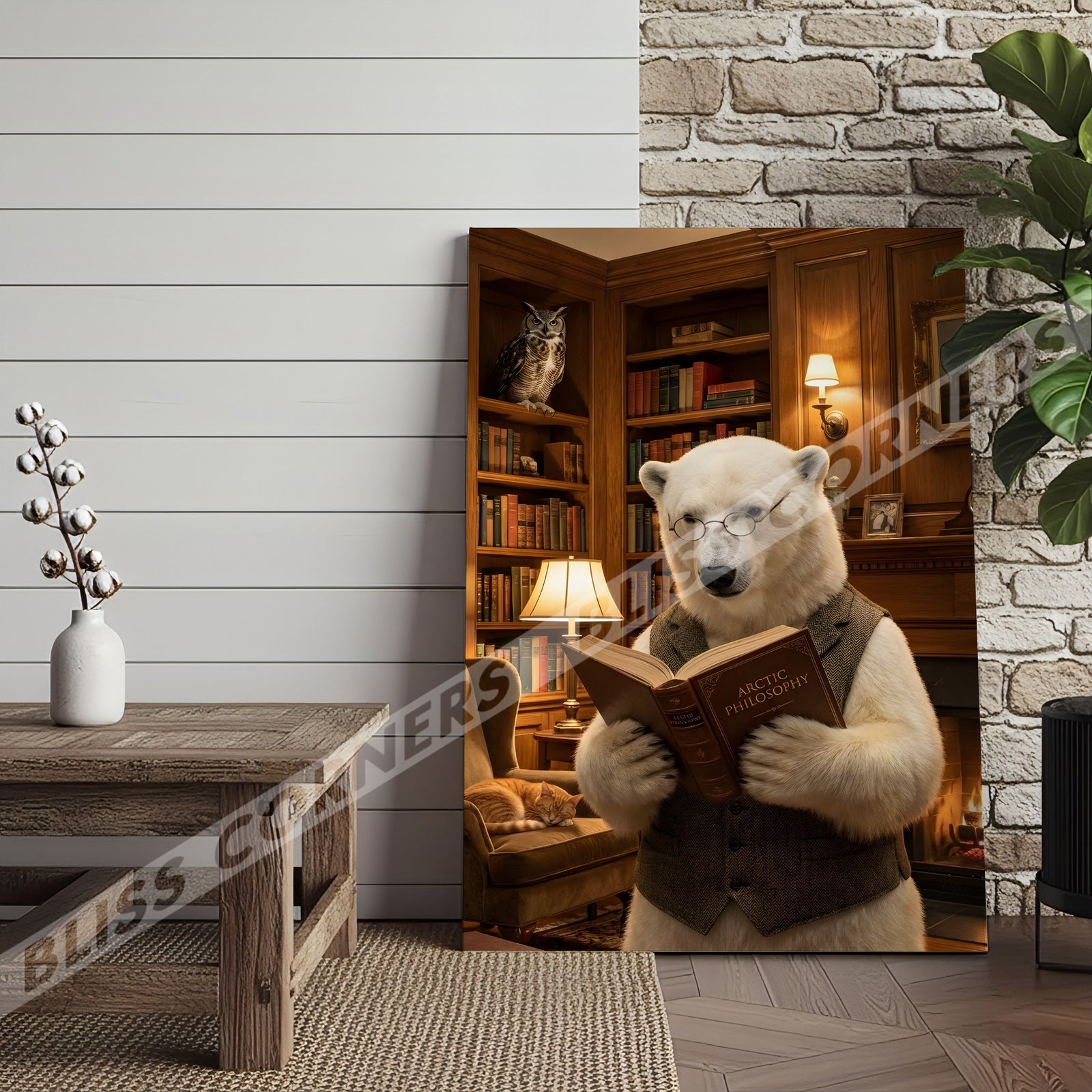 Blisscorners Wise Polar Bear Reading Book Cozy Library Canvas