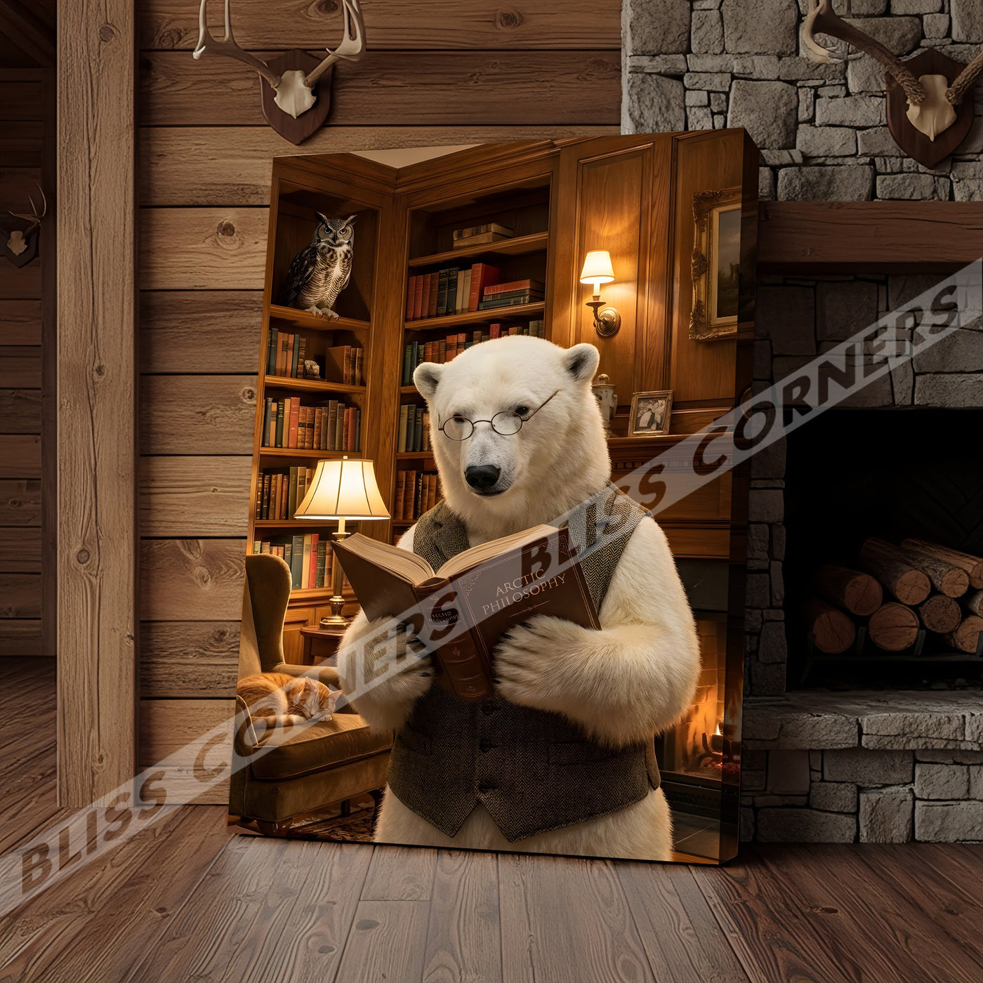 Blisscorners Wise Polar Bear Reading Book Cozy Library Canvas