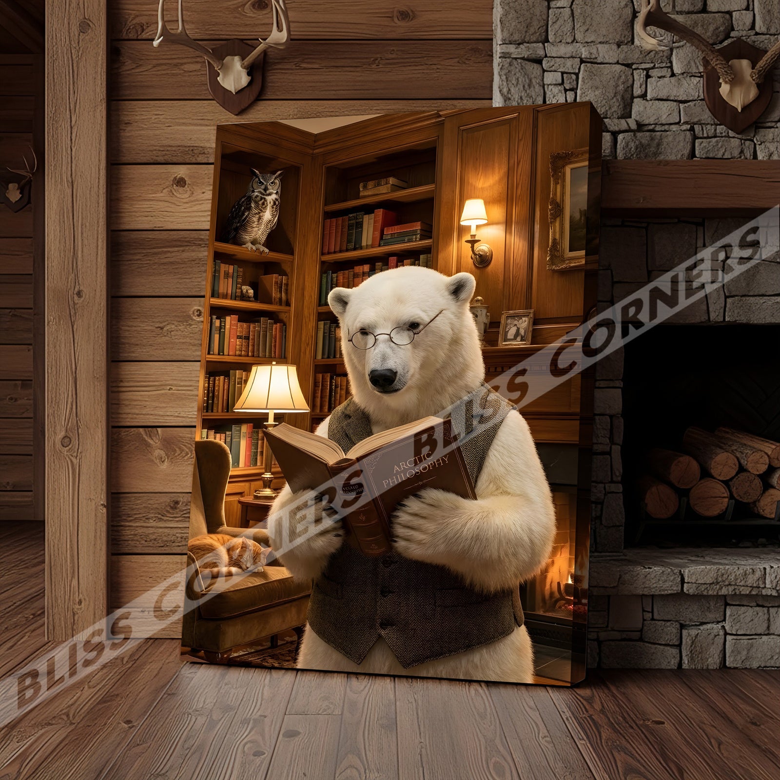 Blisscorners Wise Polar Bear Reading Book Cozy Library Canvas