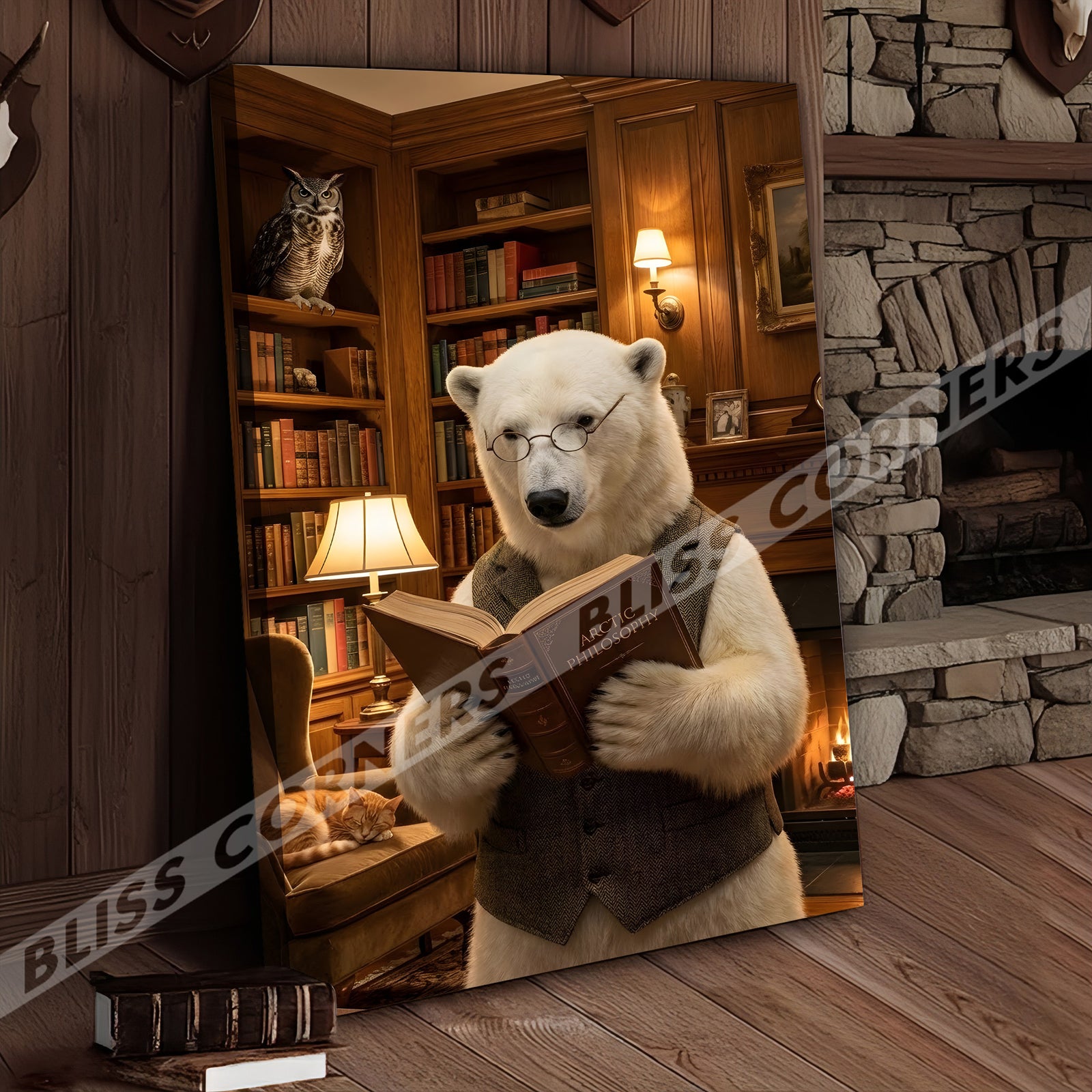 Blisscorners Wise Polar Bear Reading Book Cozy Library Canvas