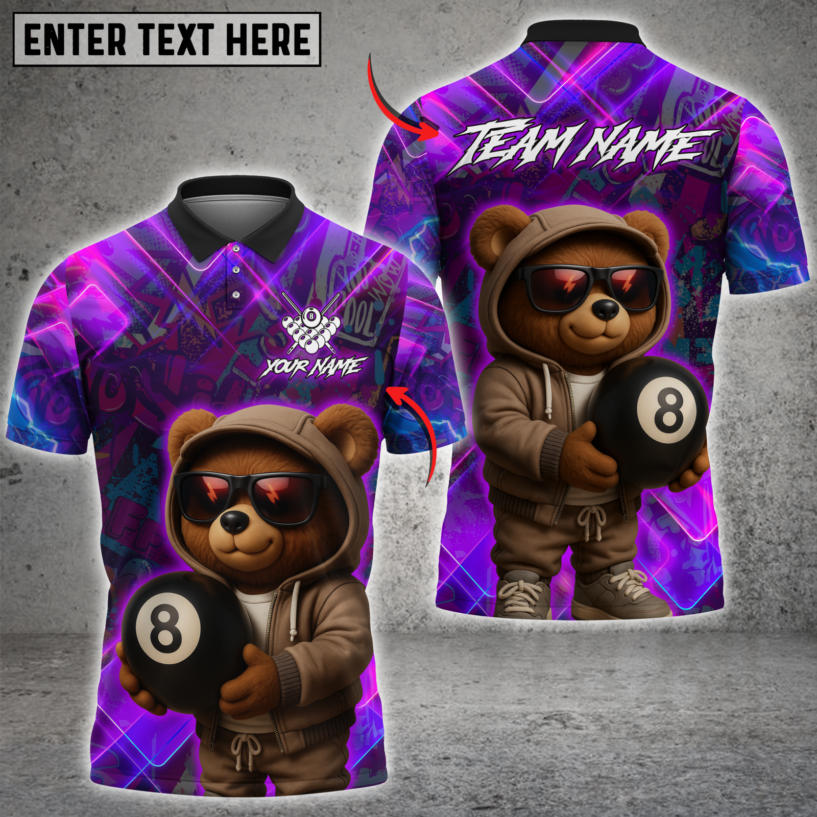 Blisscorners Billiards Cool Bear 8-Ball Pool Multicolor Customized Name, Team Name 3D Shirt