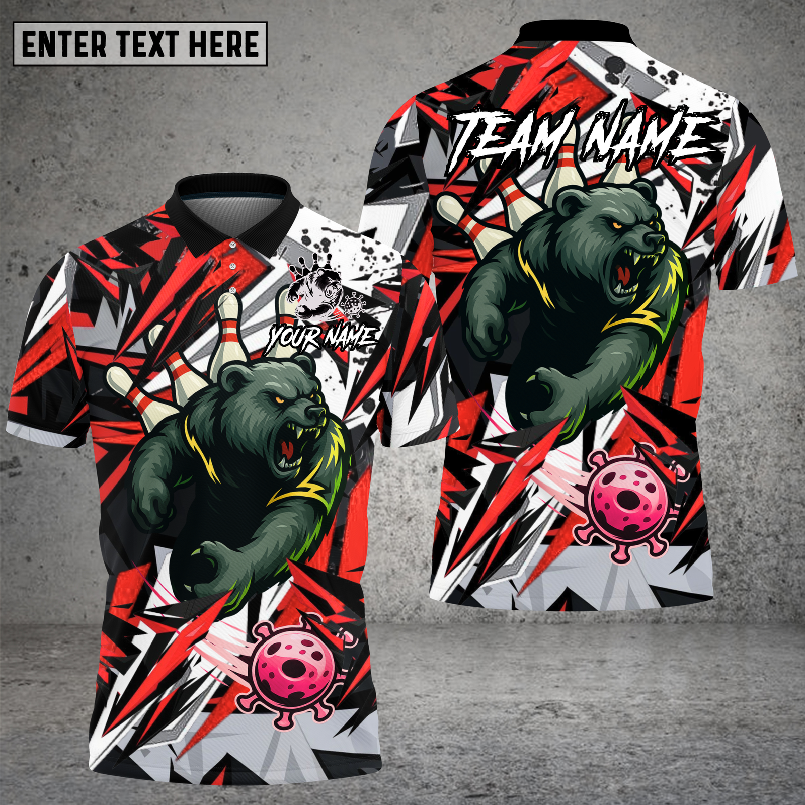 Blisscorners Bear Bowling Shirt Ferocious Bear Mascot with Bowling Pins and Ball Multioptions Personalized Name, Team Name Unisex 3D Shirt (4 Colors)