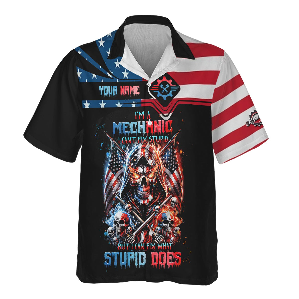 Blisscorners Custom Mechanic Shirt, Fix Stupid Design, Personalized Name, American Flag Skull Graphic, Funny Mechanic T-shirt for Men & Women