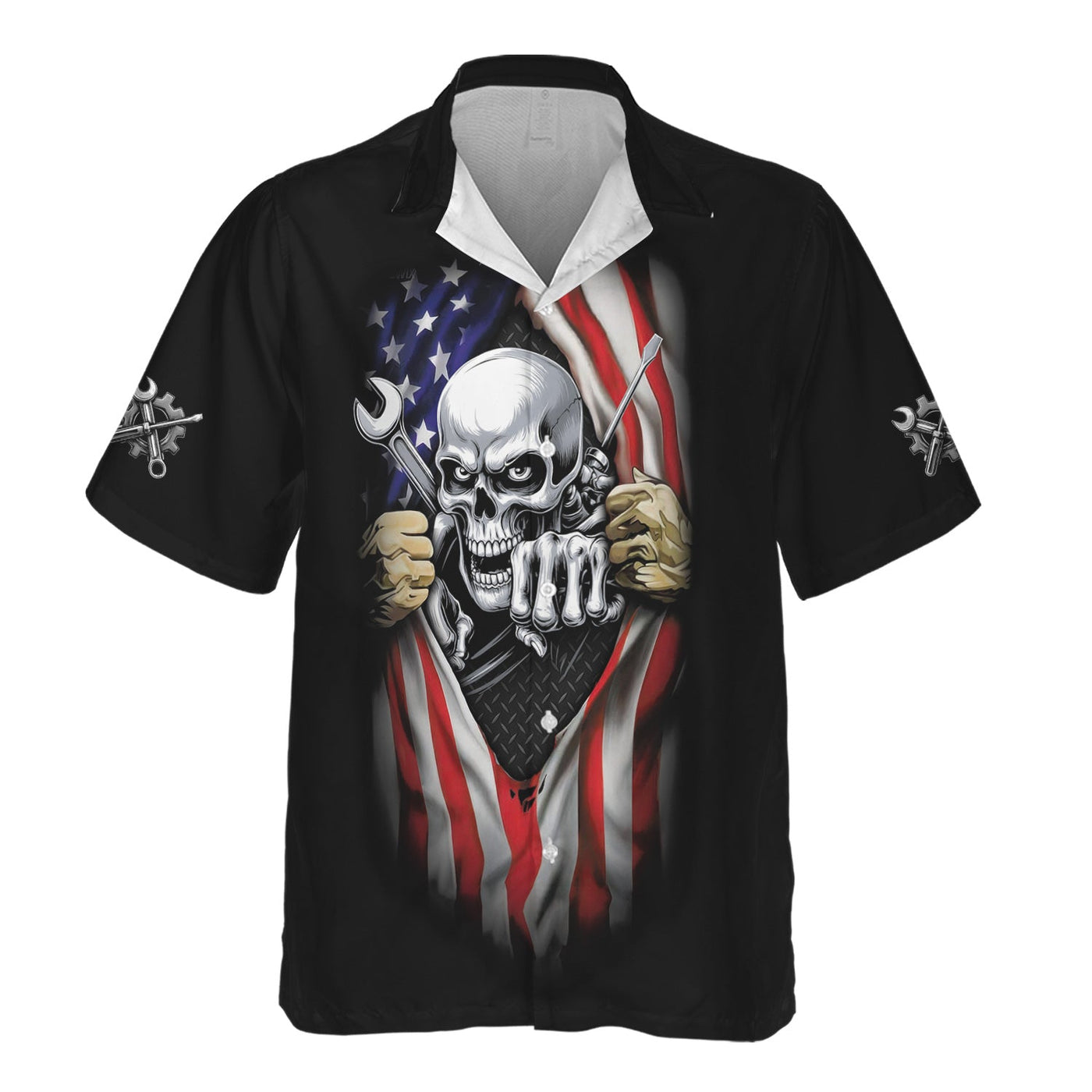 Blisscorners Skull Wrench T-Shirt, American Flag Design, Mechanic, Worker Gift, Unique Skull Graphic Tee for Men, Customizable Apparel, Cool Work Shirt