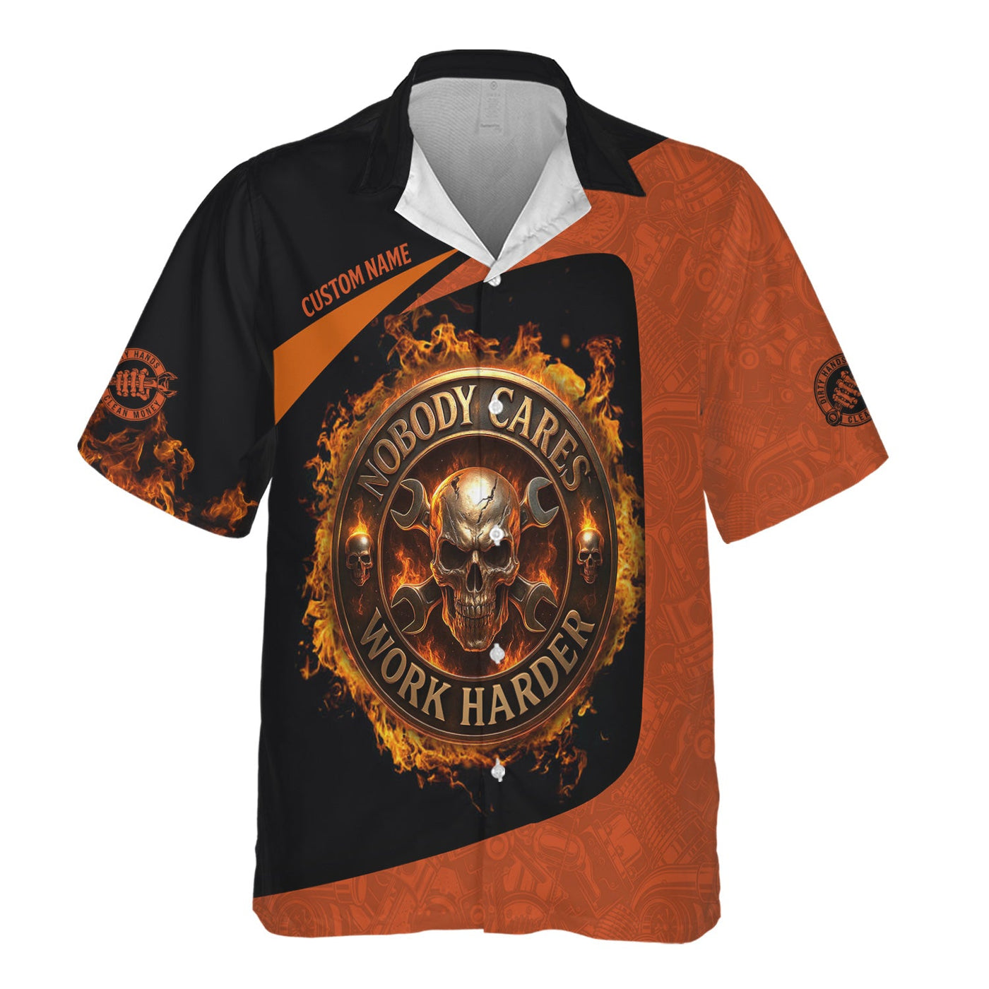 Blisscorners Personalized Mechanic Shirt, Nobody Cares Work Harder, Flame Skull Design, Gift For Men
