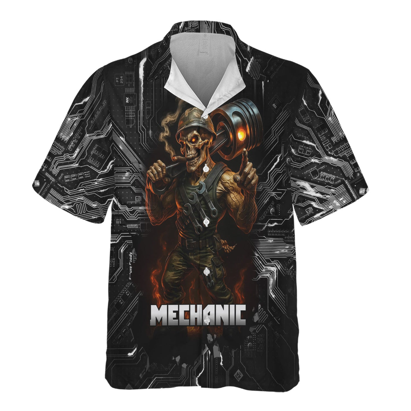 Blisscorners Mechanic Shirt Soldier Skull Holding Giant Engine Piston Design T Shirt All Over Printed