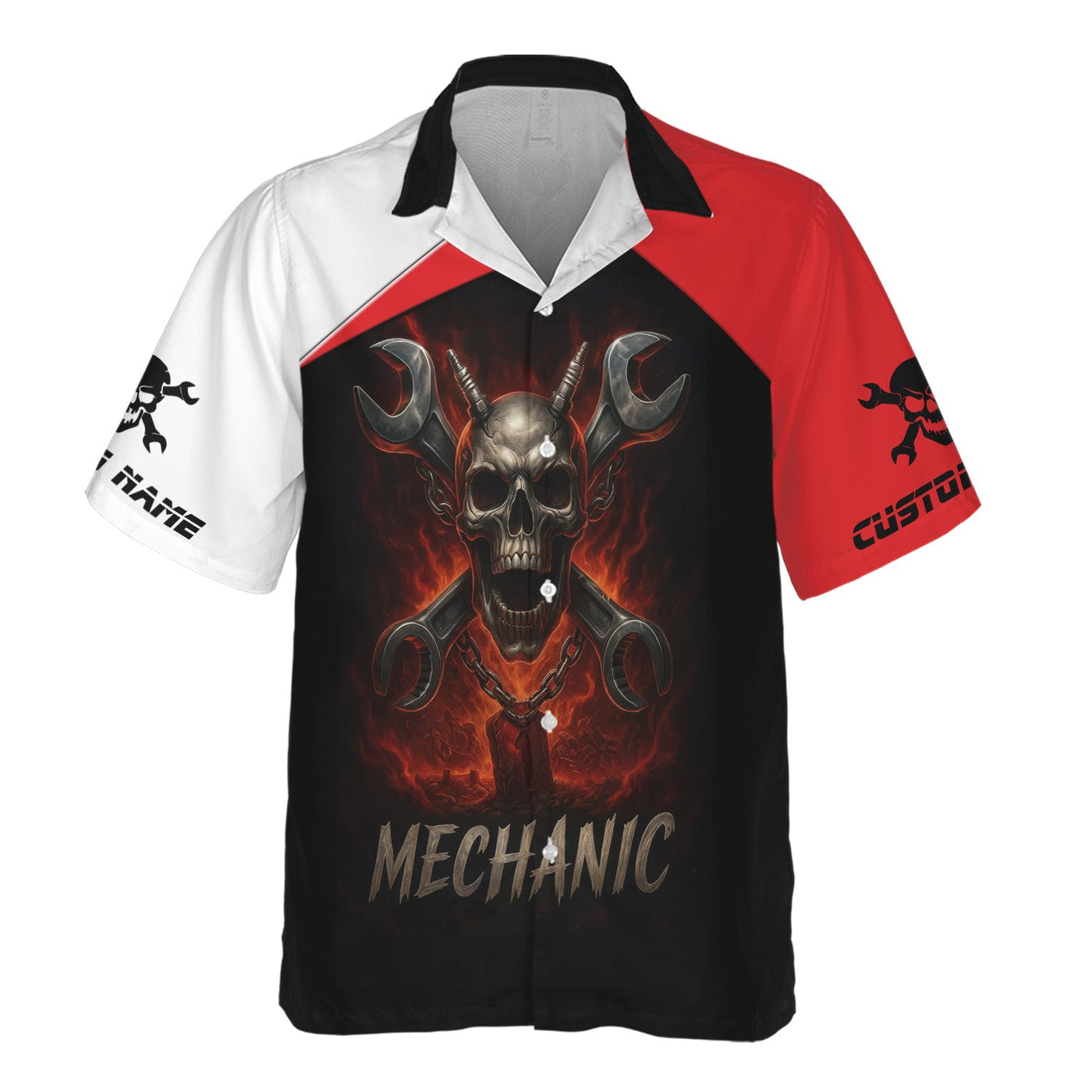 Blisscorners Custom Name Mechanic Shirt Wrench Flame Skull Design T Shirt