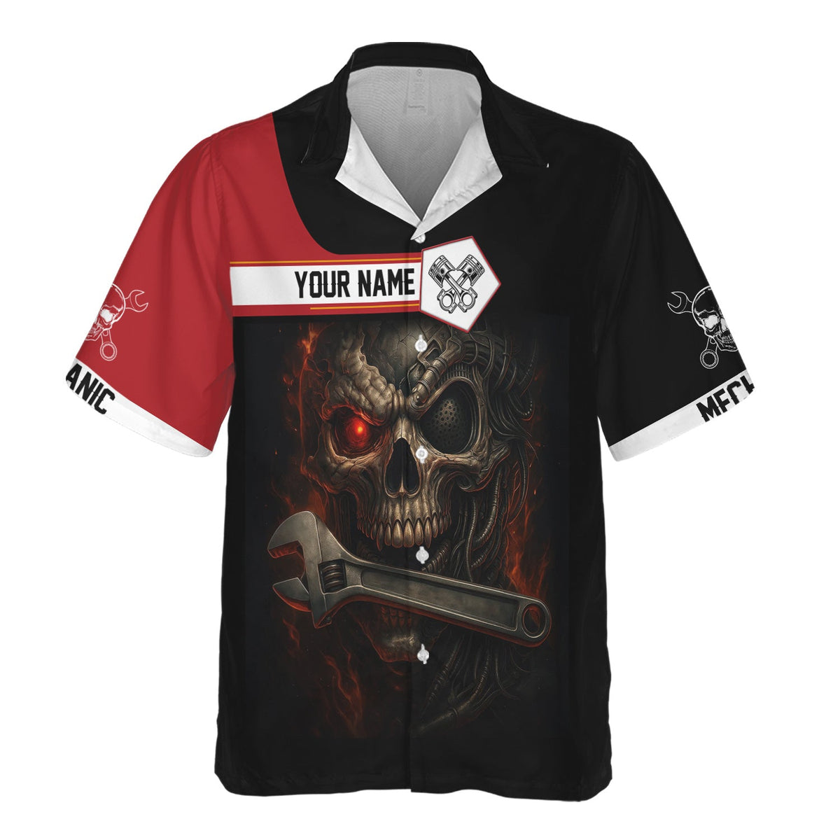 Blisscorners Custom Name Mechanic Shirt Cyber Skull with Wrench Design T Shirt