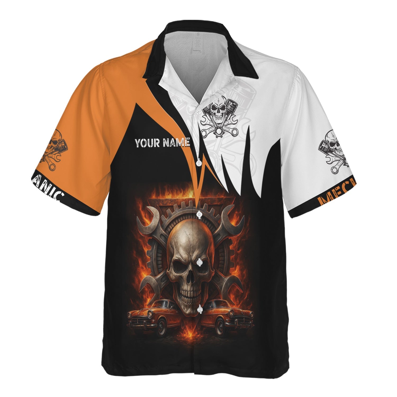 Blisscorners Custom Name Mechanic Shirt Flame Skull Wrench Gear Vintage Car Design T Shirt