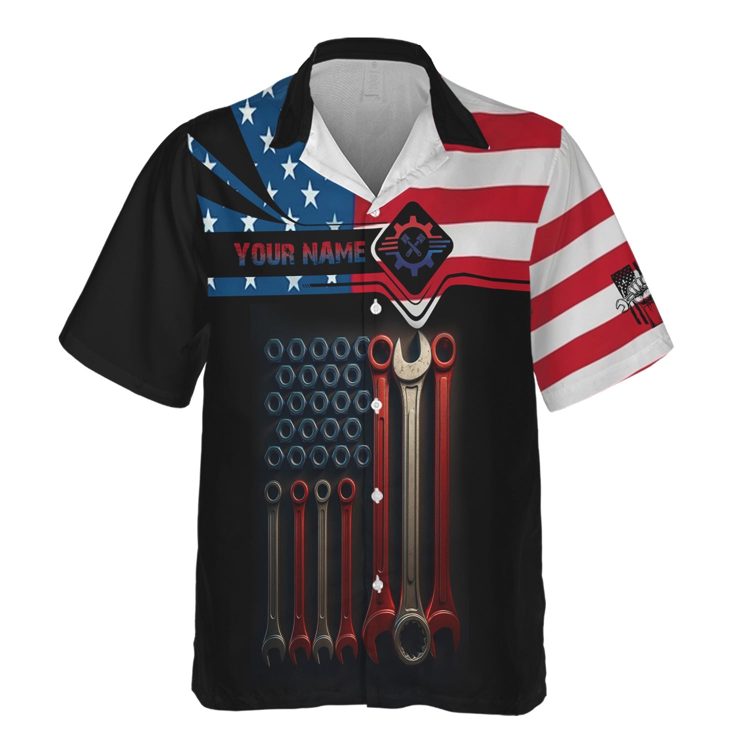 Blisscorners Custom Name Mechanic Shirt Wrenches with American Flag Design T Shirt