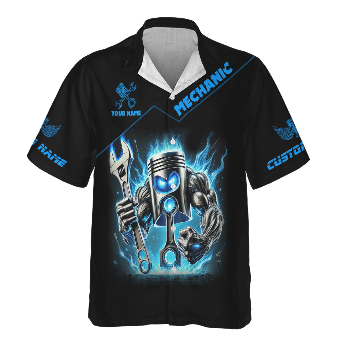 Blisscorners Custom Name Mechanic Shirt Blue Flame Muscle Engine Piston Holding Wrench T Shirt