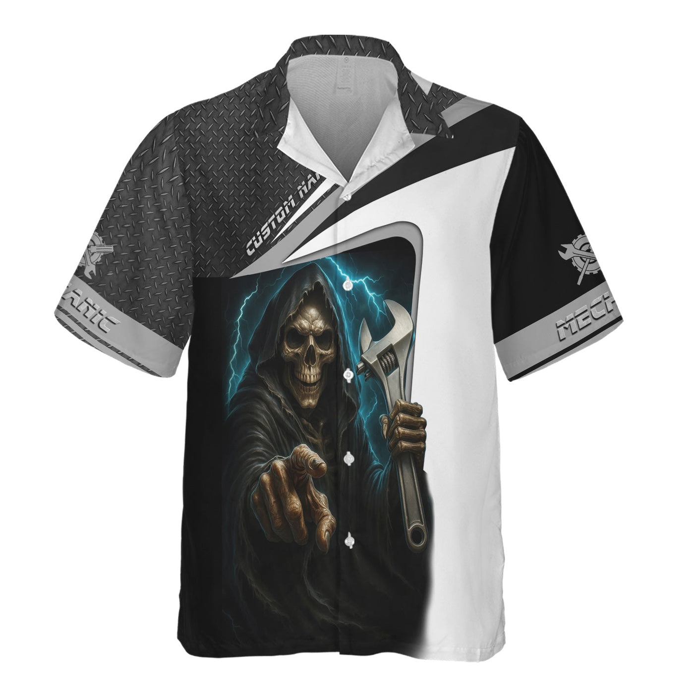 Blisscorners Custom Name Mechanic Shirt Grim Reaper Holding Wrench with Thunder Design T Shirt
