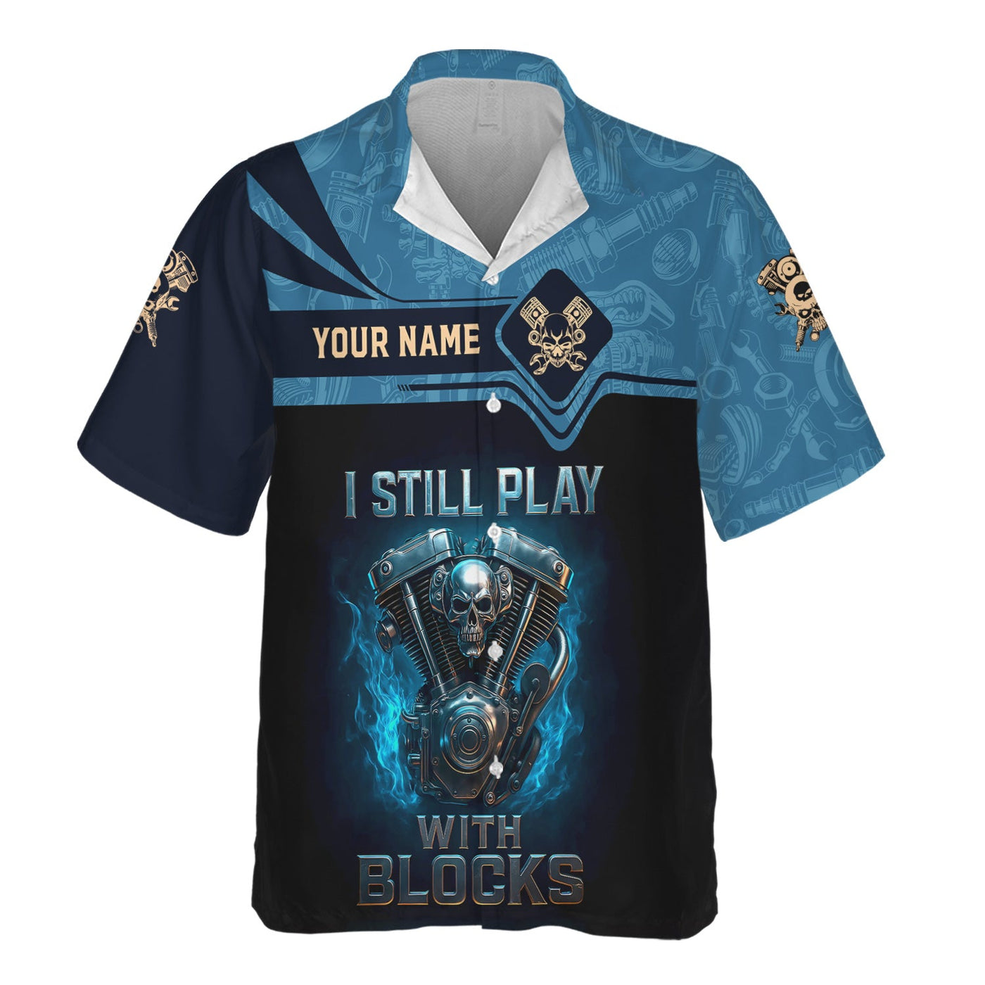 Blisscorners Personalized T-Shirt I Still Play With Blocks Flame Engine Skull Design Shirt for Mechanics