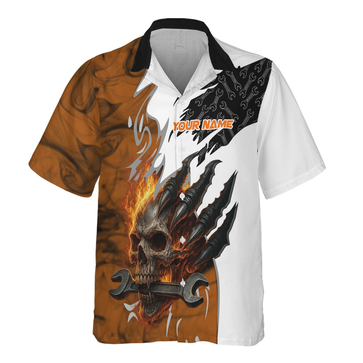 Blisscorners Personalized Mechanic Shirt, Skull Wrench Flame Claw Design, Mechanic Uniforms, Gift For Men