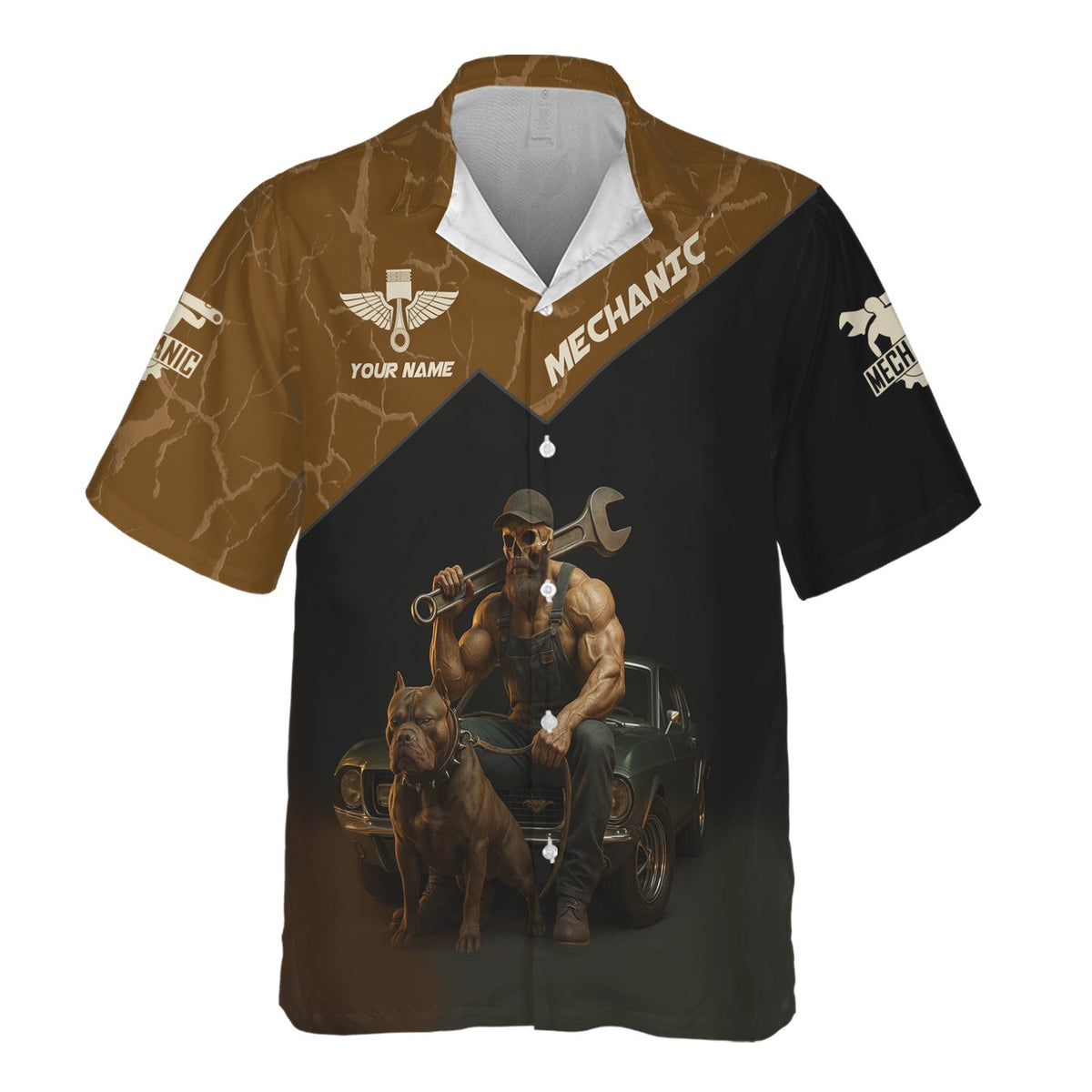 Blisscorners Personalized T-Shirt Don't Mess With Vintage Mechanics Skull with Dog and Classic Car Design Shirt For Mechanics
