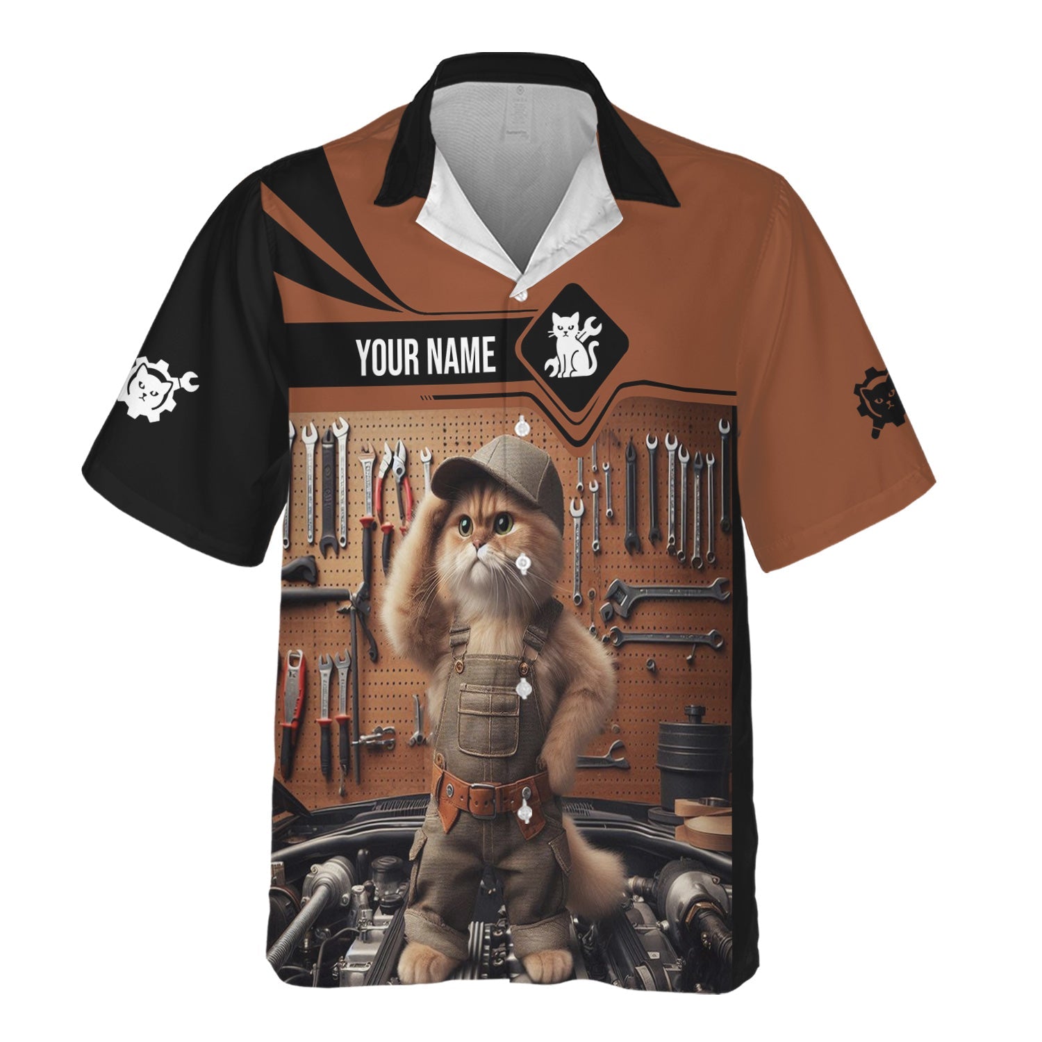 Blisscorners Custom Name Funny Mechanic Cat Wearing Uniform Shirt All Over Printed Mechanic T Shirt