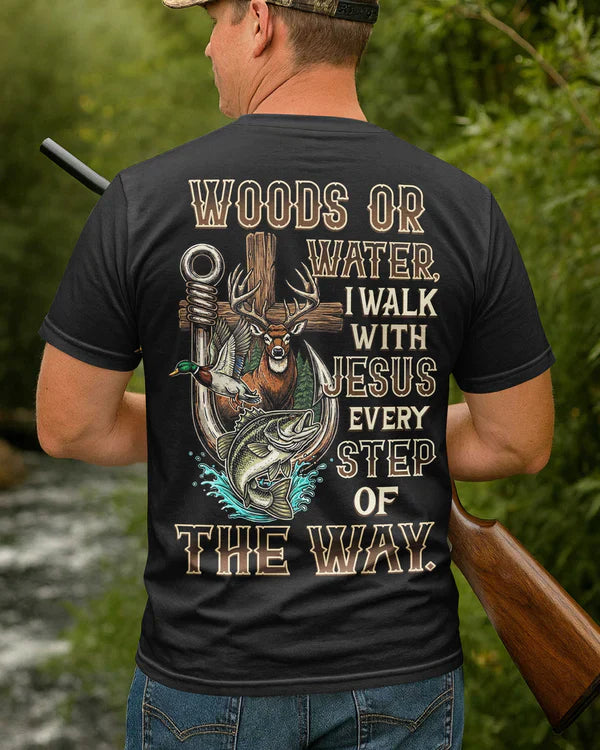 Blisscorners Woods Or Water I Walk With Jesus Shirt, Personalized Hunting 3D Shirt - Black