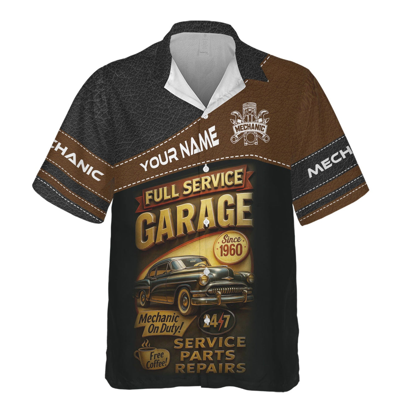 Blisscorners Personalized Mechanic Shirt, Full Service Garage Mechanic On Duty, Leather Printed Design, Custom Year, Gift For Men