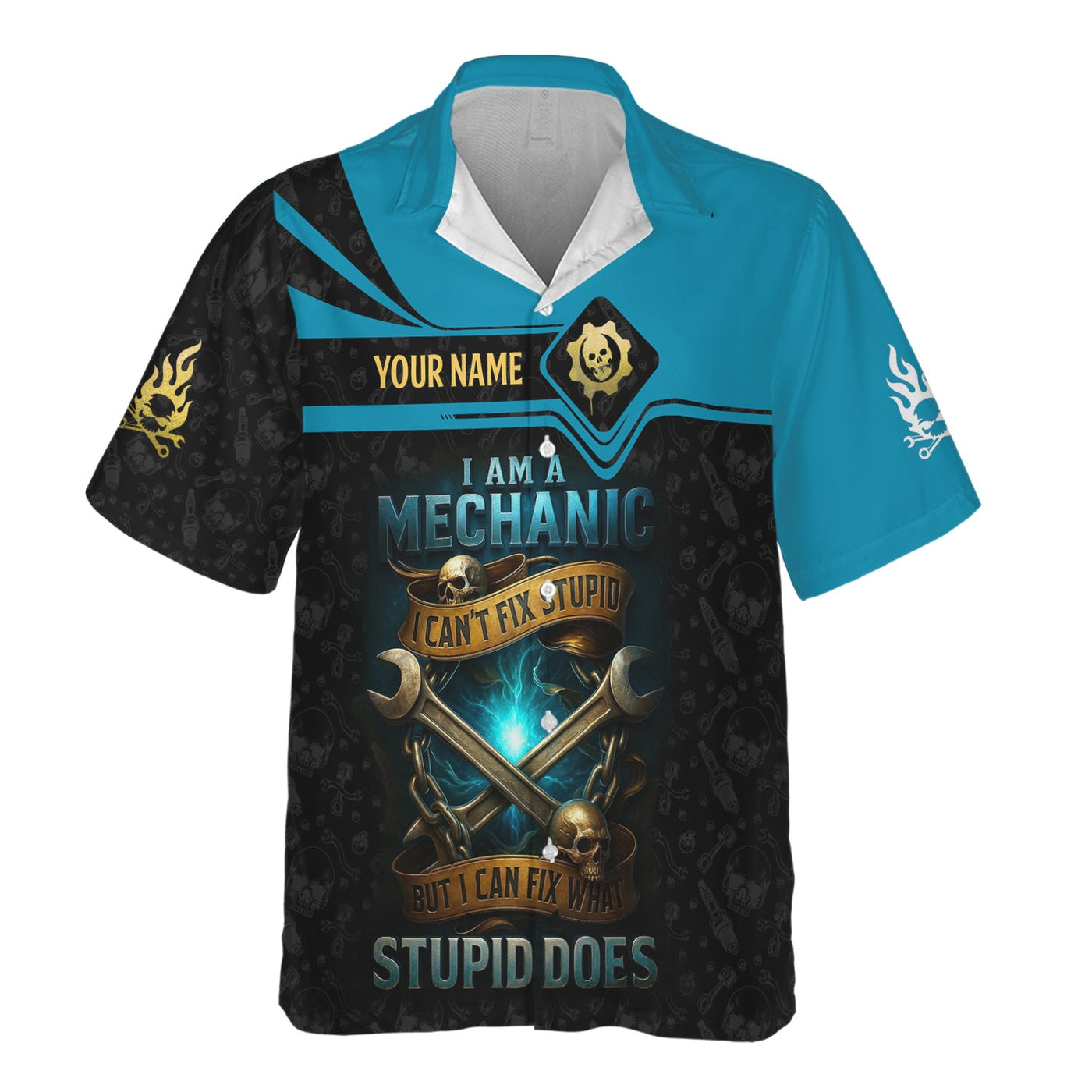 Blisscorners Personalized Mechanic Shirt, I Am A Mechanic I Can't Fix Stupid But I Can Fix What Stupid Does, Skull and Wreches Design, Gift For Men