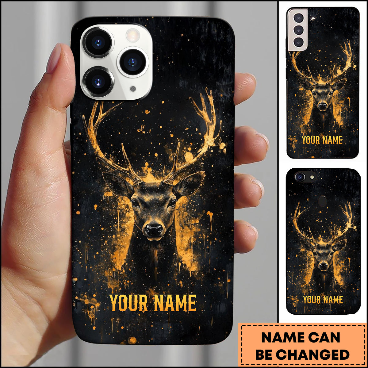Blisscorners Artist Hunting Deer Golden Orange Splatter Paint Black Background Personalized Name Phone Case