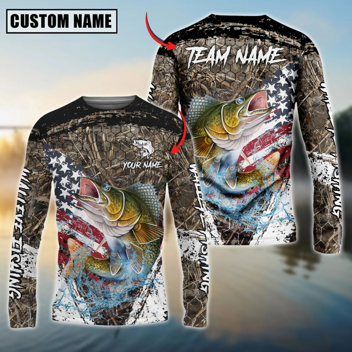 Blisscorners Walleye Fishing American Flag Scratch Grass Camo Custom Name & Team Name 3D Shirts