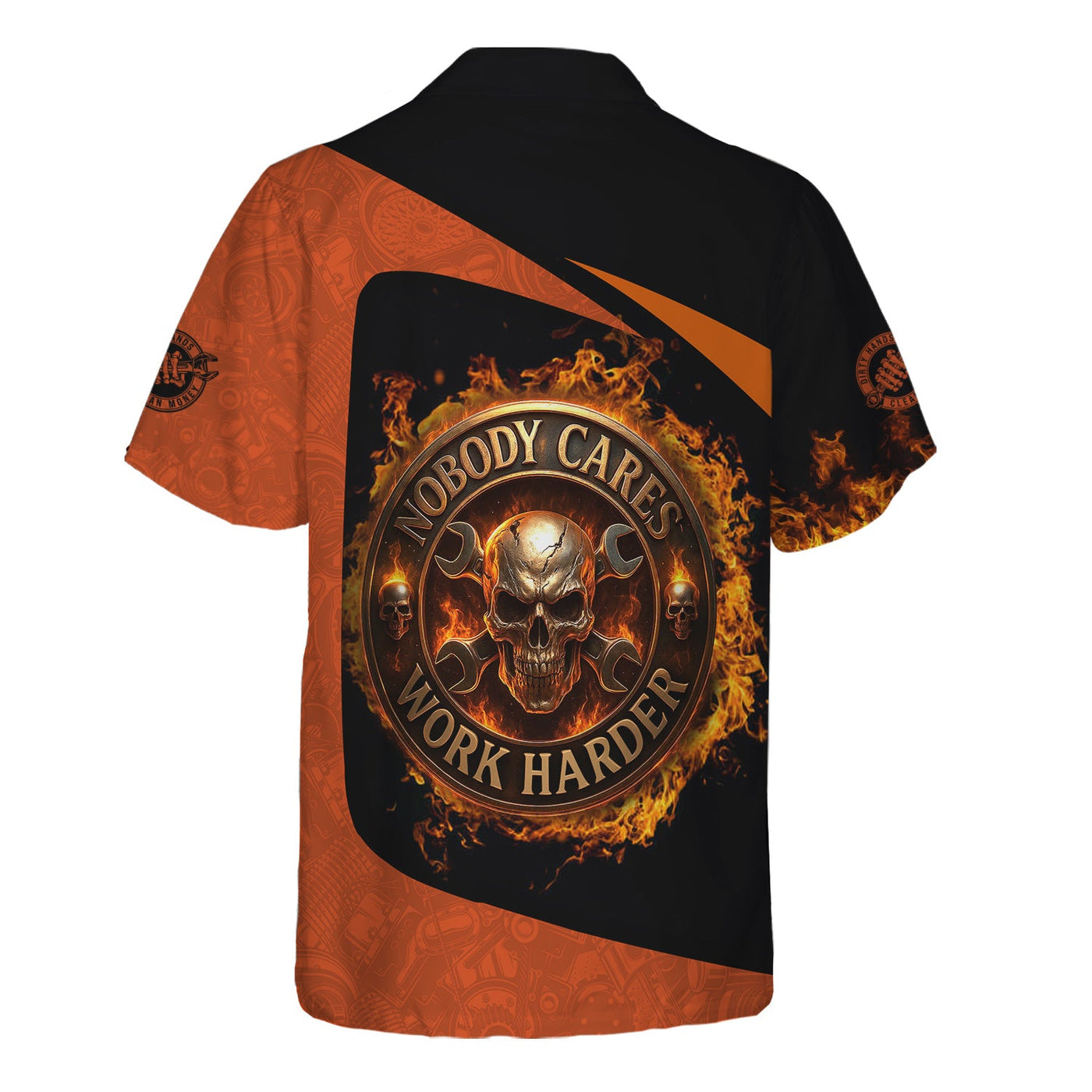 Blisscorners Personalized Mechanic Shirt, Nobody Cares Work Harder, Flame Skull Design, Gift For Men