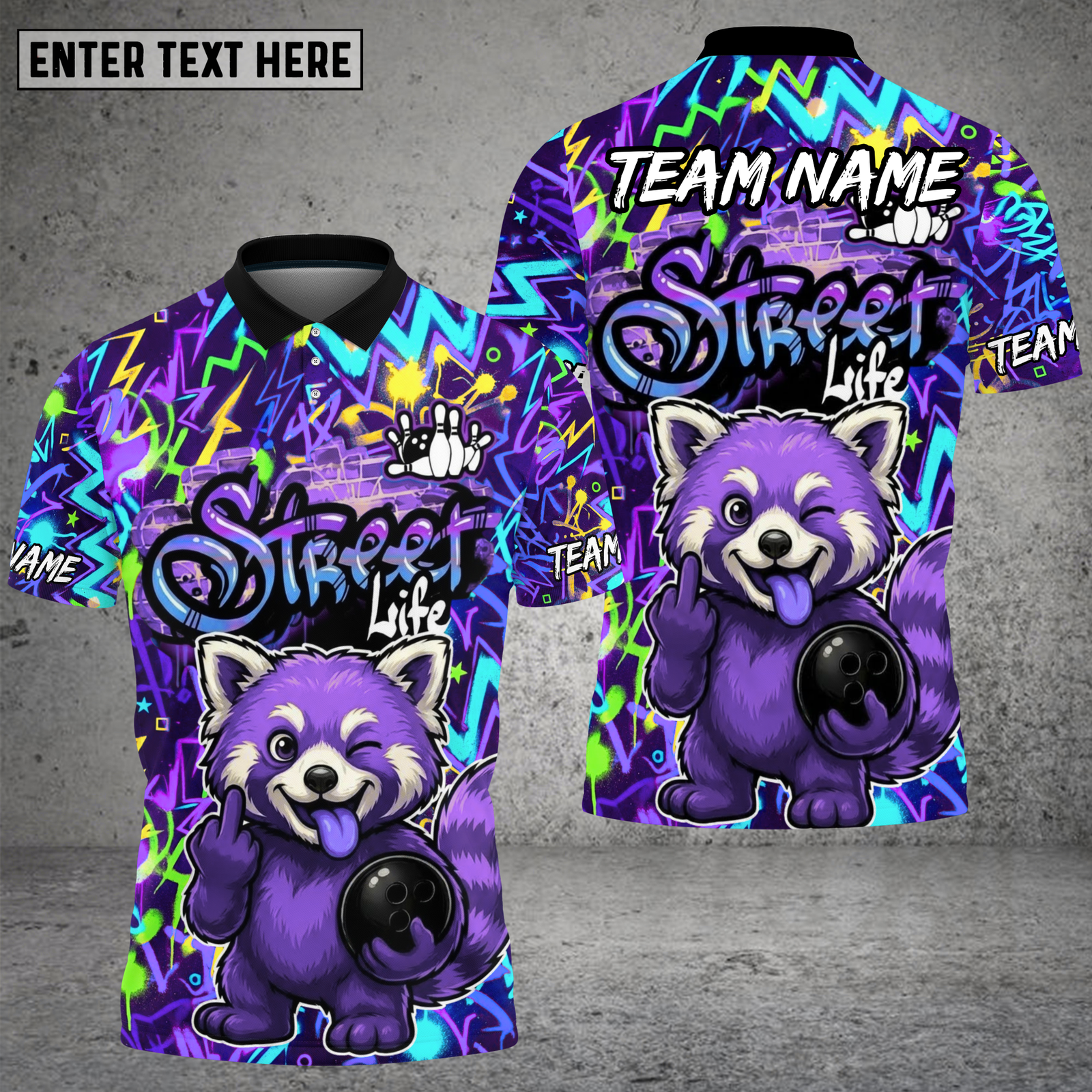 Blisscorners Street Life Raccoon Bowling Neon Splash Multioptions Personalized Name, Team Name Unisex 3D Shirt (4 Colors)