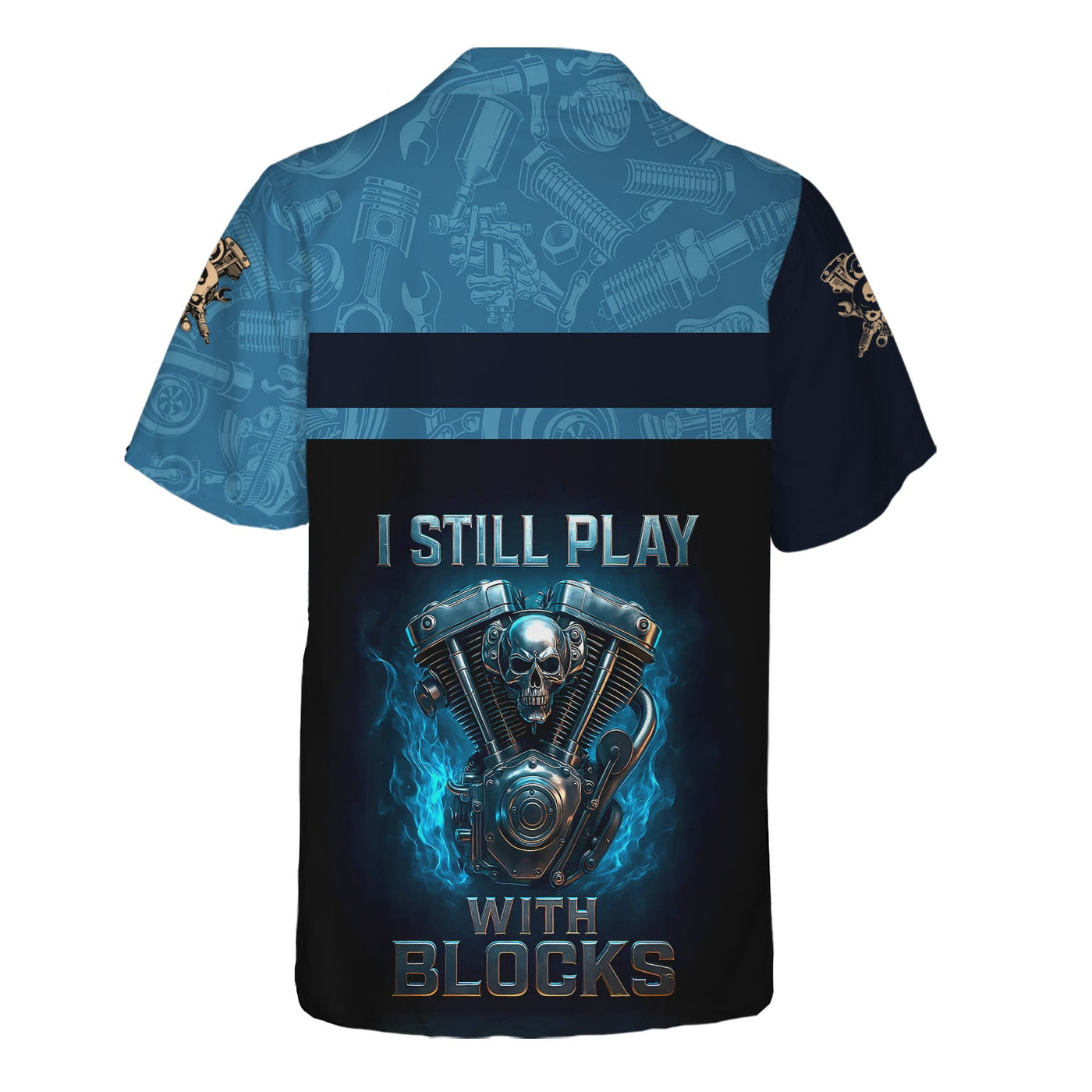 Blisscorners Personalized T-Shirt I Still Play With Blocks Flame Engine Skull Design Shirt for Mechanics