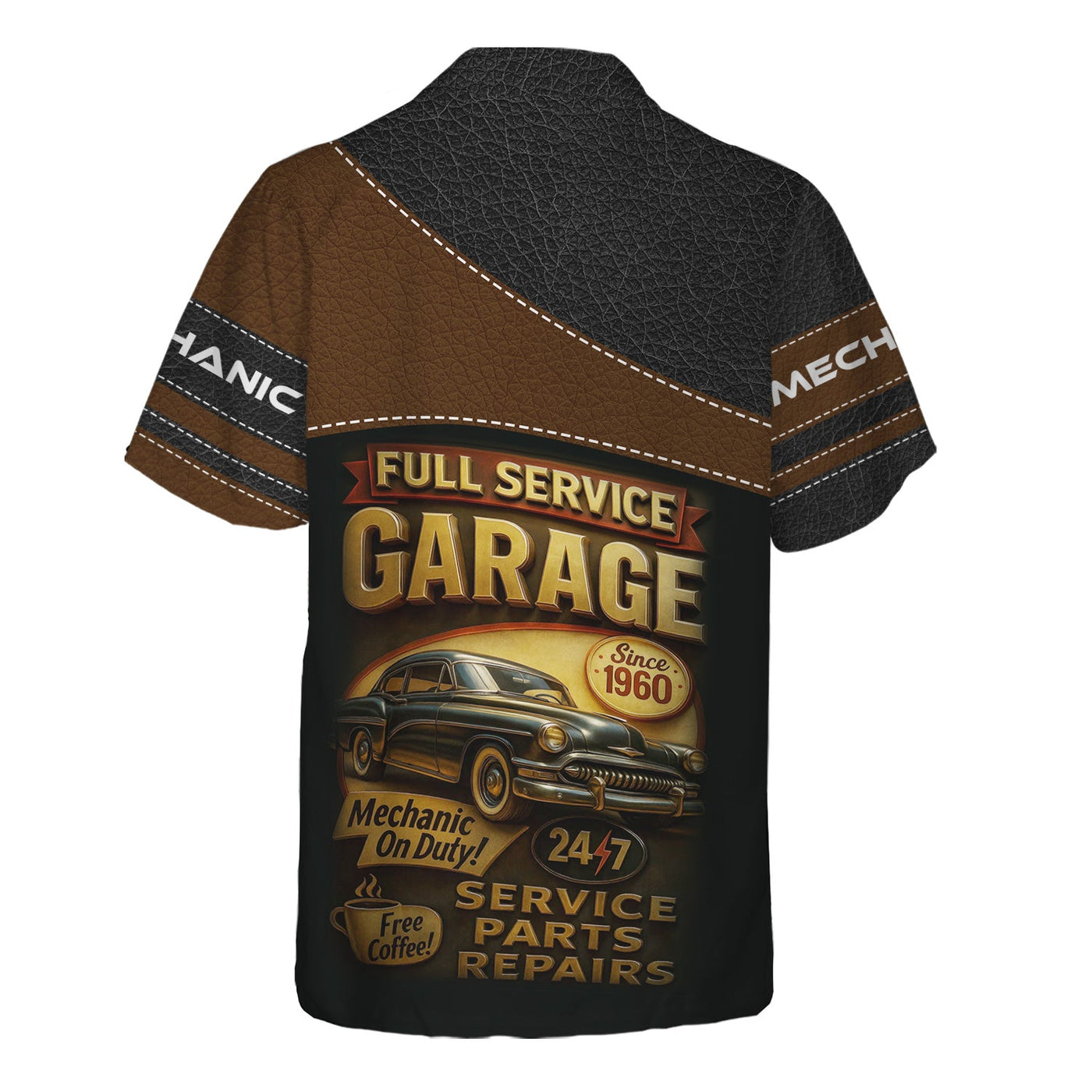 Blisscorners Personalized Mechanic Shirt, Full Service Garage Mechanic On Duty, Leather Printed Design, Custom Year, Gift For Men