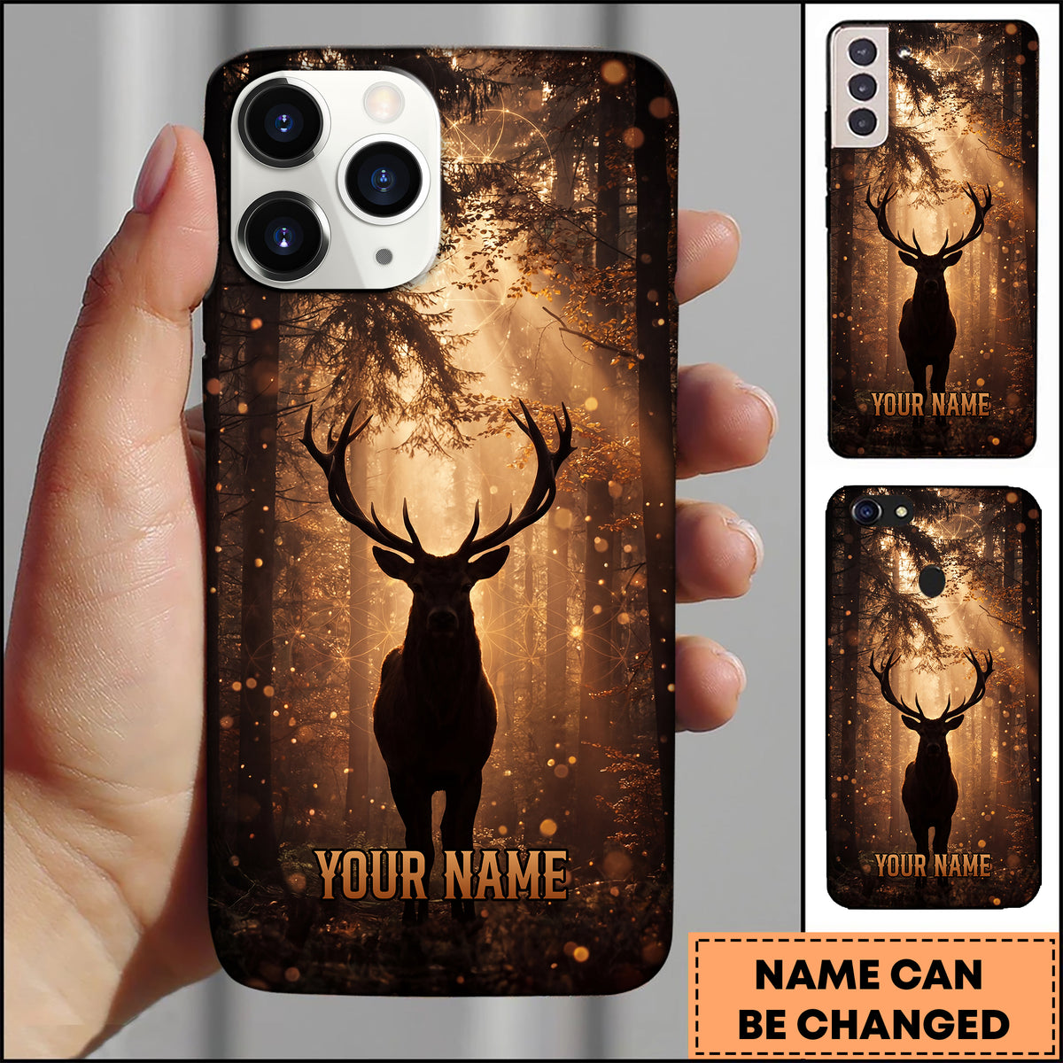 Blisscorners Artist Hunting Deer Silhouette Golden Sunlit Forest Personalized Name Phone Case