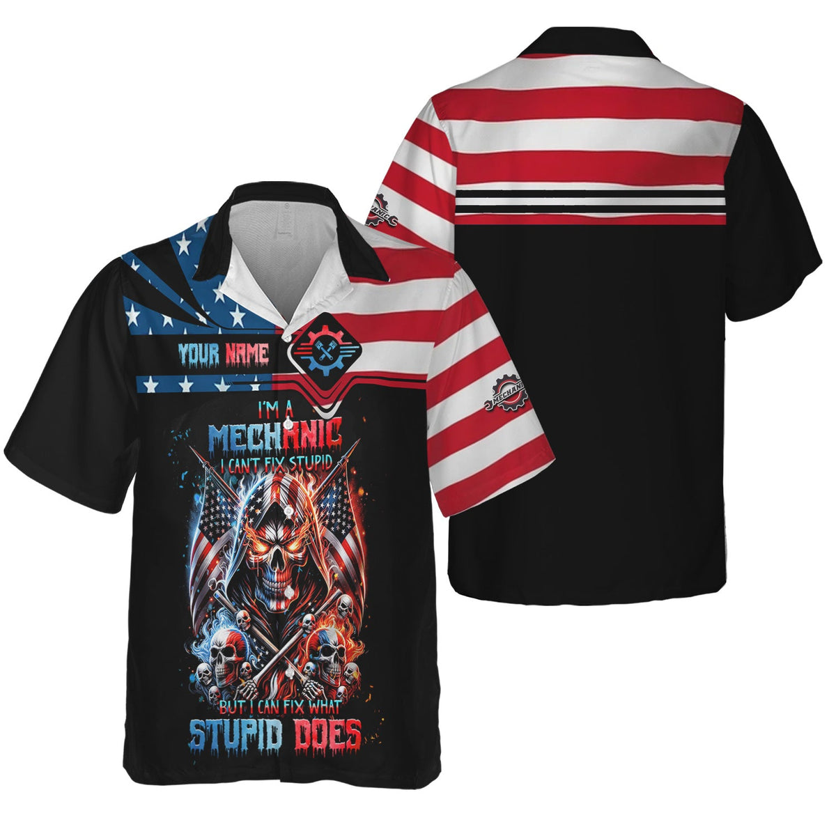 Blisscorners Custom Mechanic Shirt, Fix Stupid Design, Personalized Name, American Flag Skull Graphic, Funny Mechanic T-shirt for Men & Women