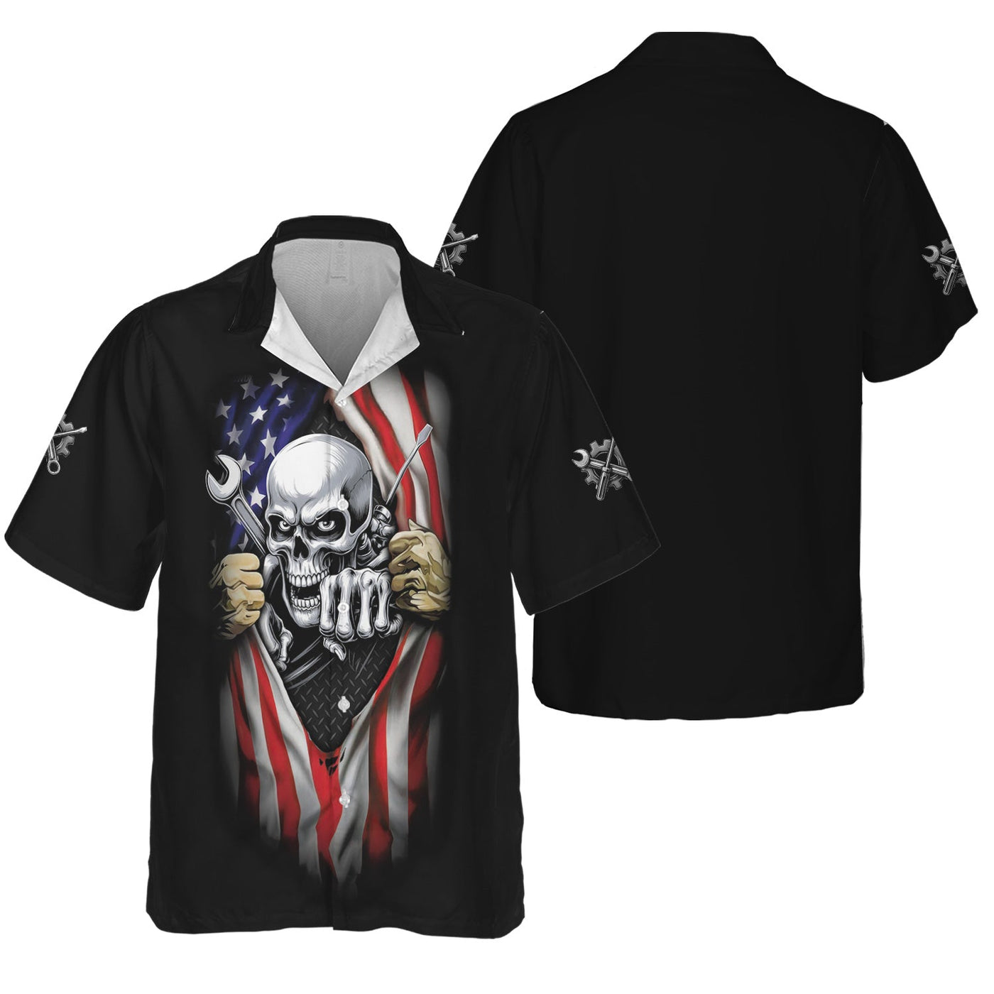 Blisscorners Skull Wrench T-Shirt, American Flag Design, Mechanic, Worker Gift, Unique Skull Graphic Tee for Men, Customizable Apparel, Cool Work Shirt