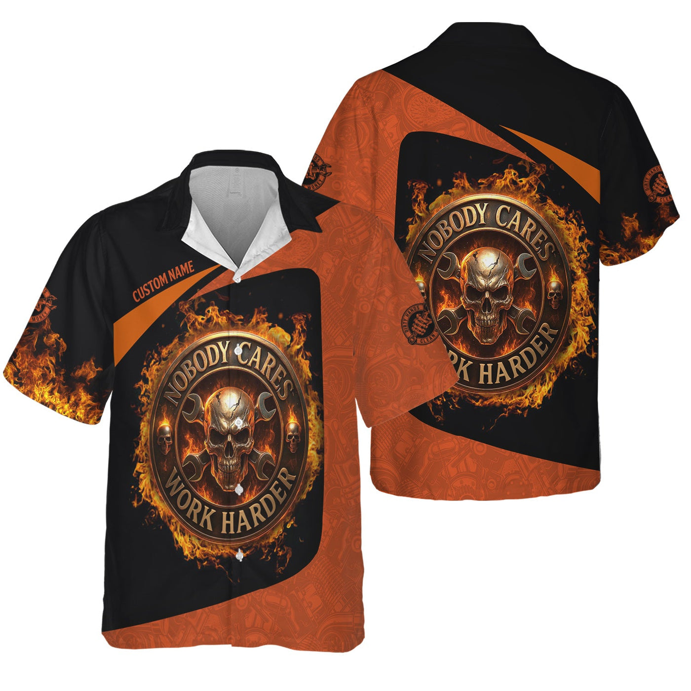 Blisscorners Personalized Mechanic Shirt, Nobody Cares Work Harder, Flame Skull Design, Gift For Men