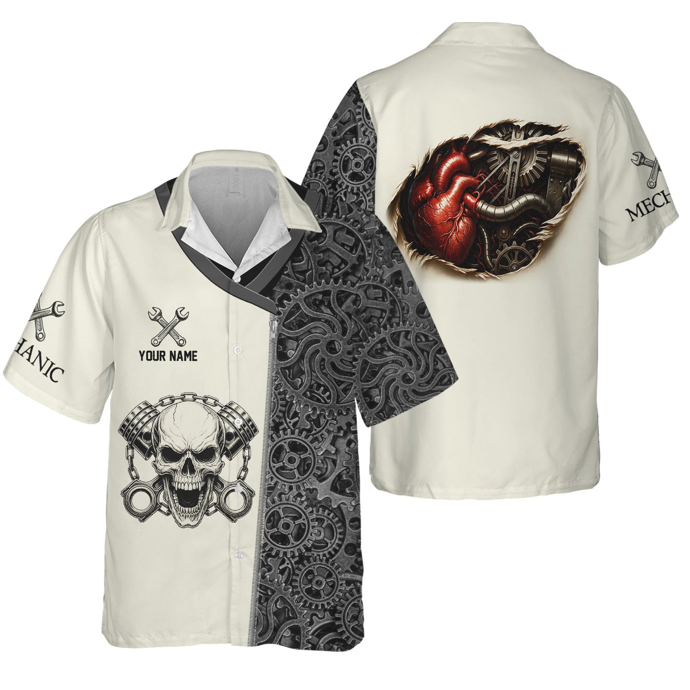 Blisscorners Custom Name Mechanic Shirt Skull with Engine Piston Design Gear Pattern T Shirt All Over Printed