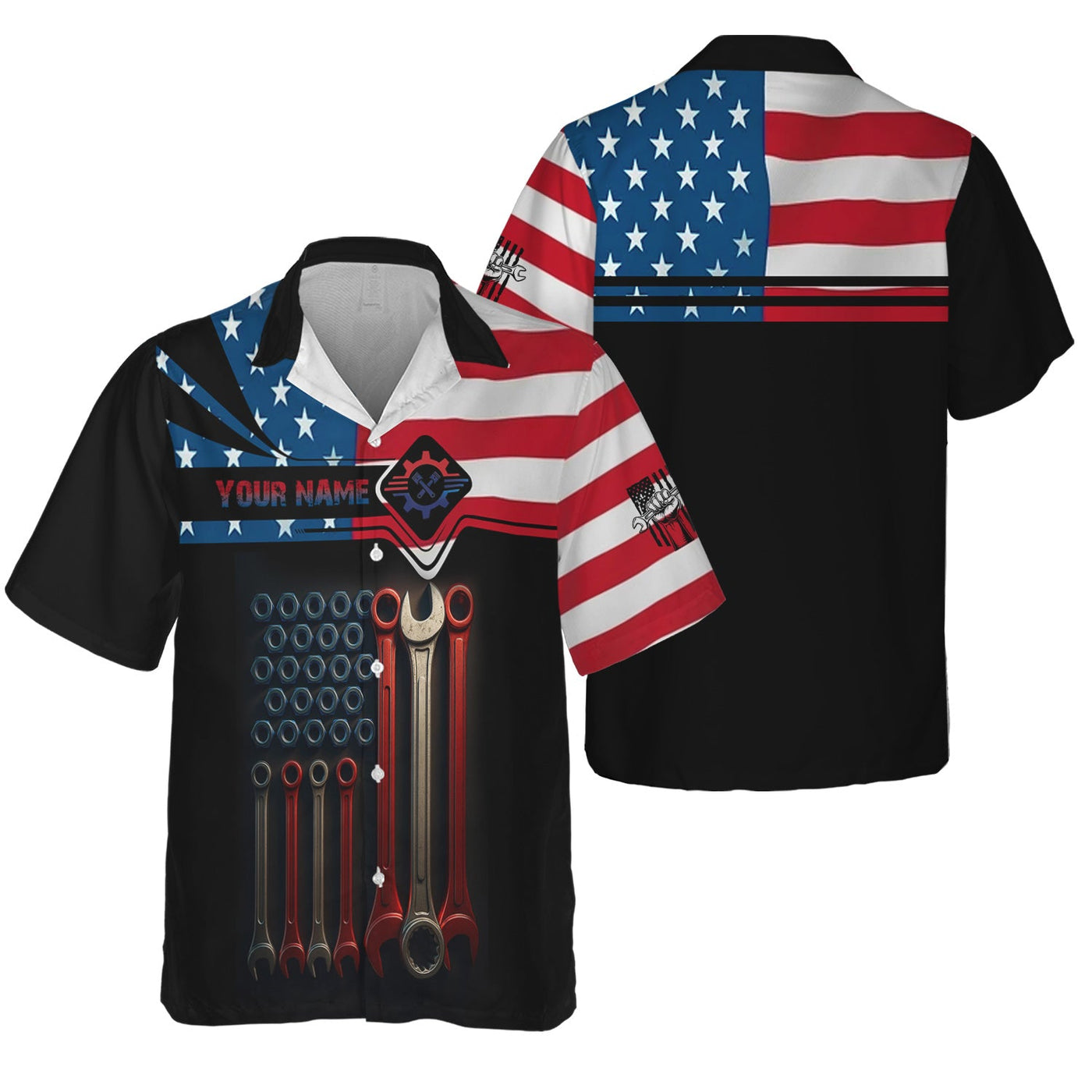 Blisscorners Custom Name Mechanic Shirt Wrenches with American Flag Design T Shirt